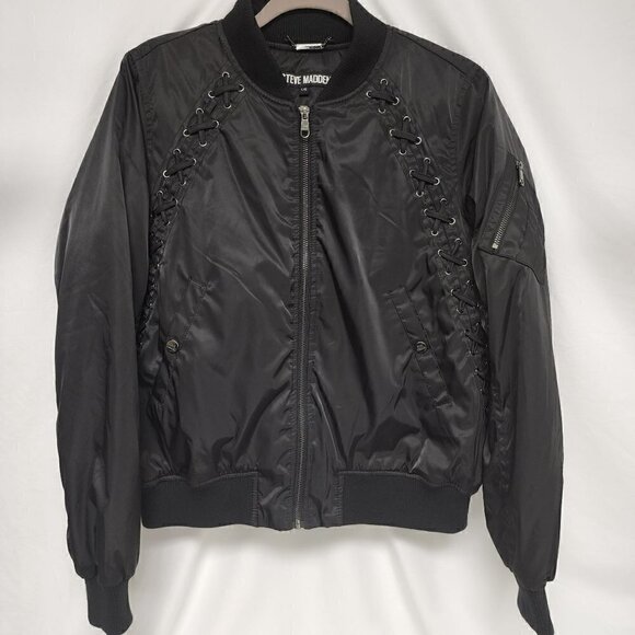 Steve Madden Black Lace Up Bomber Jacket L - Picture 3 of 9